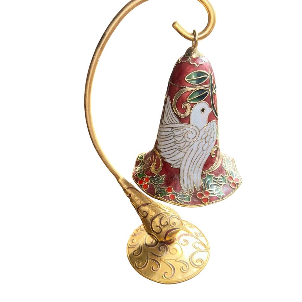 Sankyo Cloisonné Dove Bell Christmas Ornament Music Box Enamel Love Bird Holly